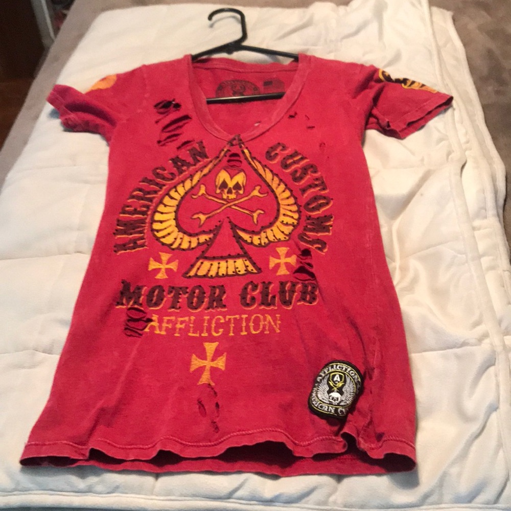 Red distressed bejeweled affliction top